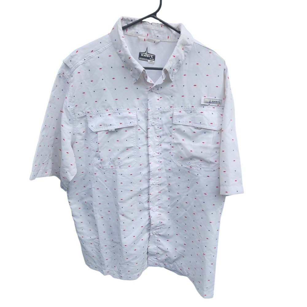 Habit Mens Fishing Shirt XL White Red Fish Blue Stars UPF 40+ Short Sleeve T